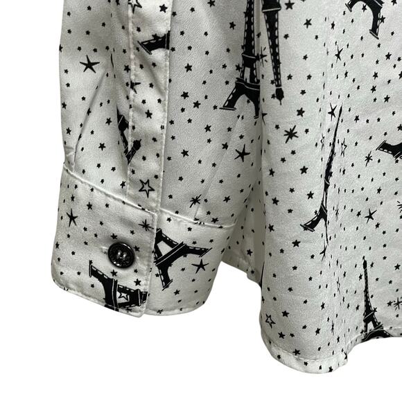 Karl Lagerfeld Paris Eiffel Tower Print Blouse Roll-Tab Sleeves Size Large - Picture 10 of 10